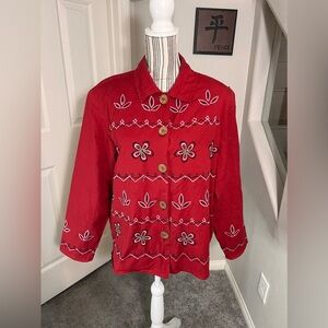 Alex Kim Vintage Cotton Red Embroidered Button Down Top Jacket Sweater size 1X
